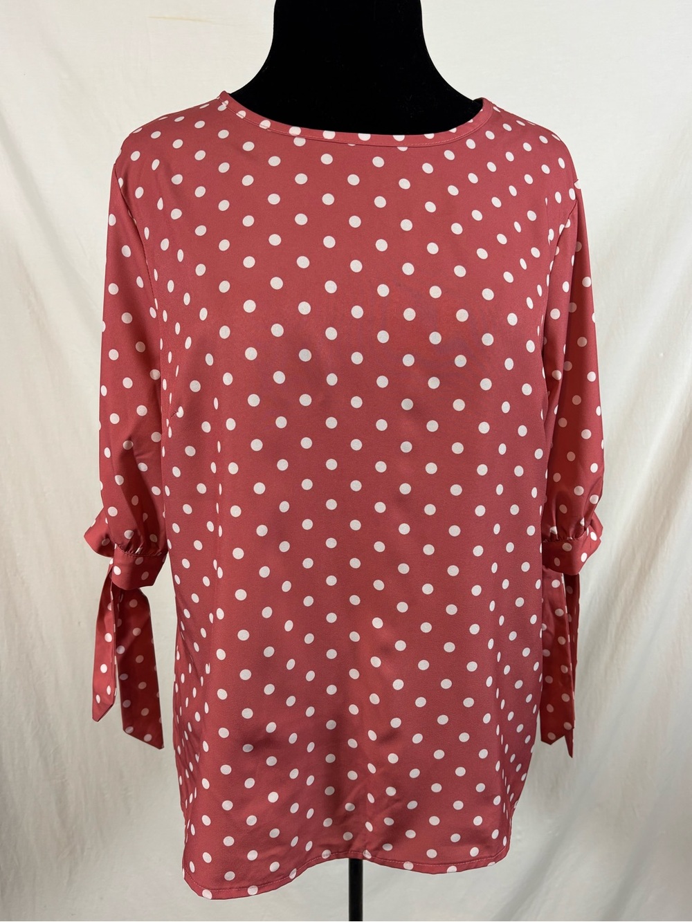 Coral Pink Polka Dot Blouse XL Bow Tie Sleeve Retro Pinup Feminine Top